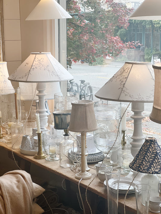 Pair of Astier de Villatte Custom Lamps with Embroidered Linen Shades