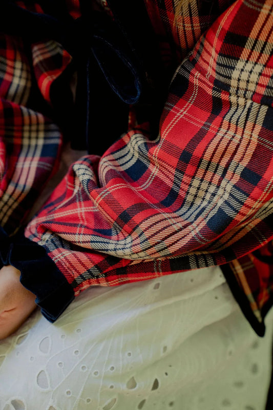 Reversible Smoking Jacket – Navy Velvet & Red Tartan