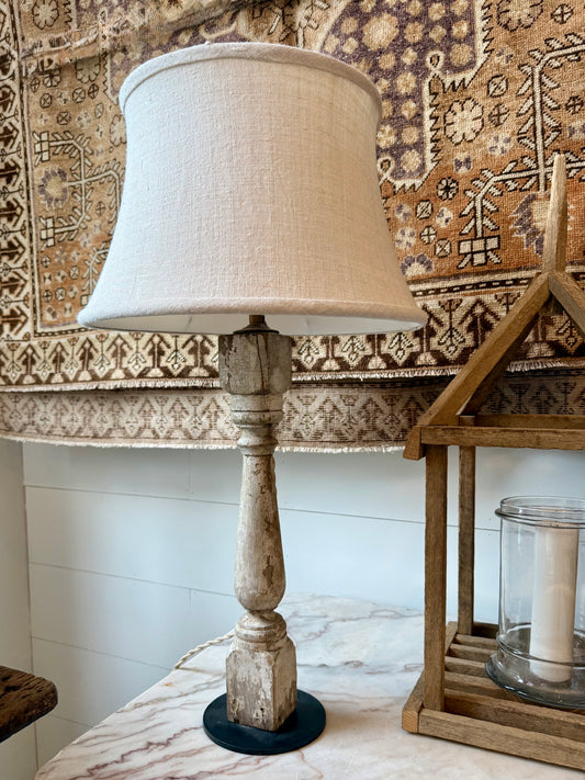 Tall Reclaimed Whitewashed Turned Wood Lamp with Linen Bell Shade