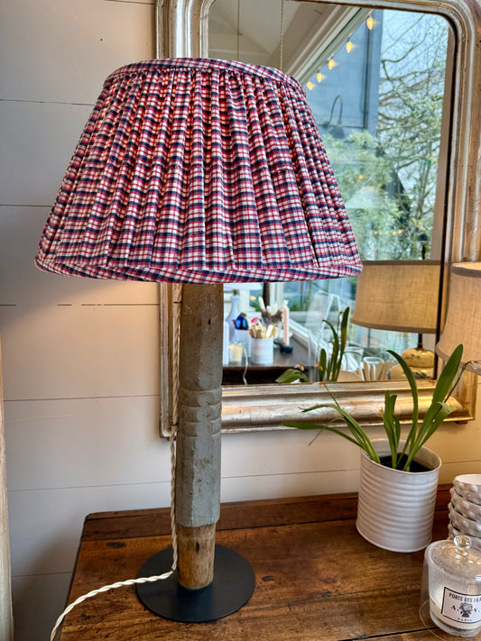 Tall Reclaimed Wood Column Lamp with Pleated Check Shade