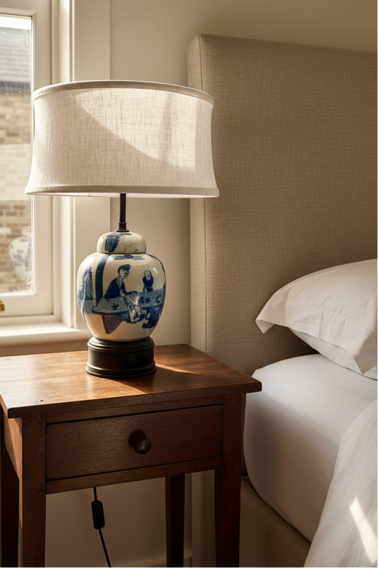 Vintage Blue & White Lamp with Linen Shade (Pair)