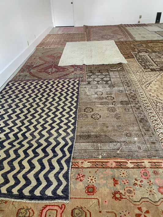 Vintage Small Turkish Rug in Soft Ivory & Blue