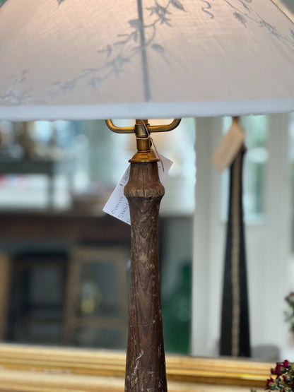 Tall Reclaimed Turned Wood Lamp with Hand Embroidered Linen Shade