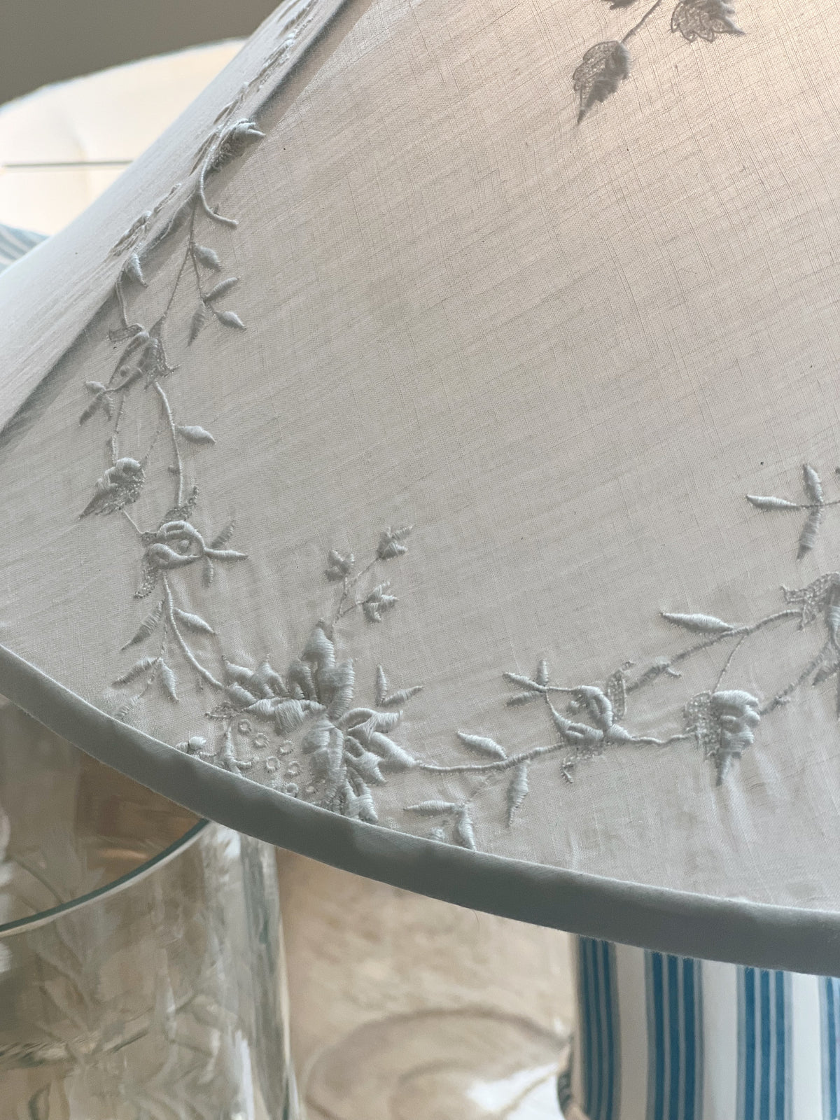 Pair of Astier de Villatte Custom Lamps with Embroidered Linen Shades