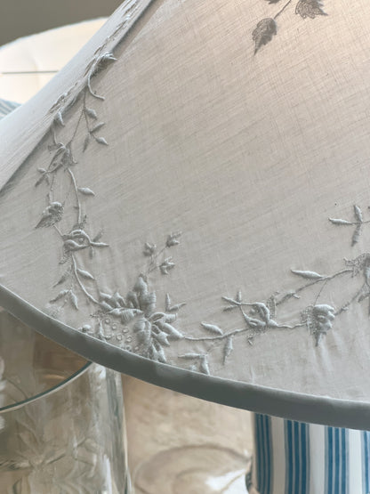 Pair of Astier de Villatte Custom Lamps with Embroidered Linen Shades