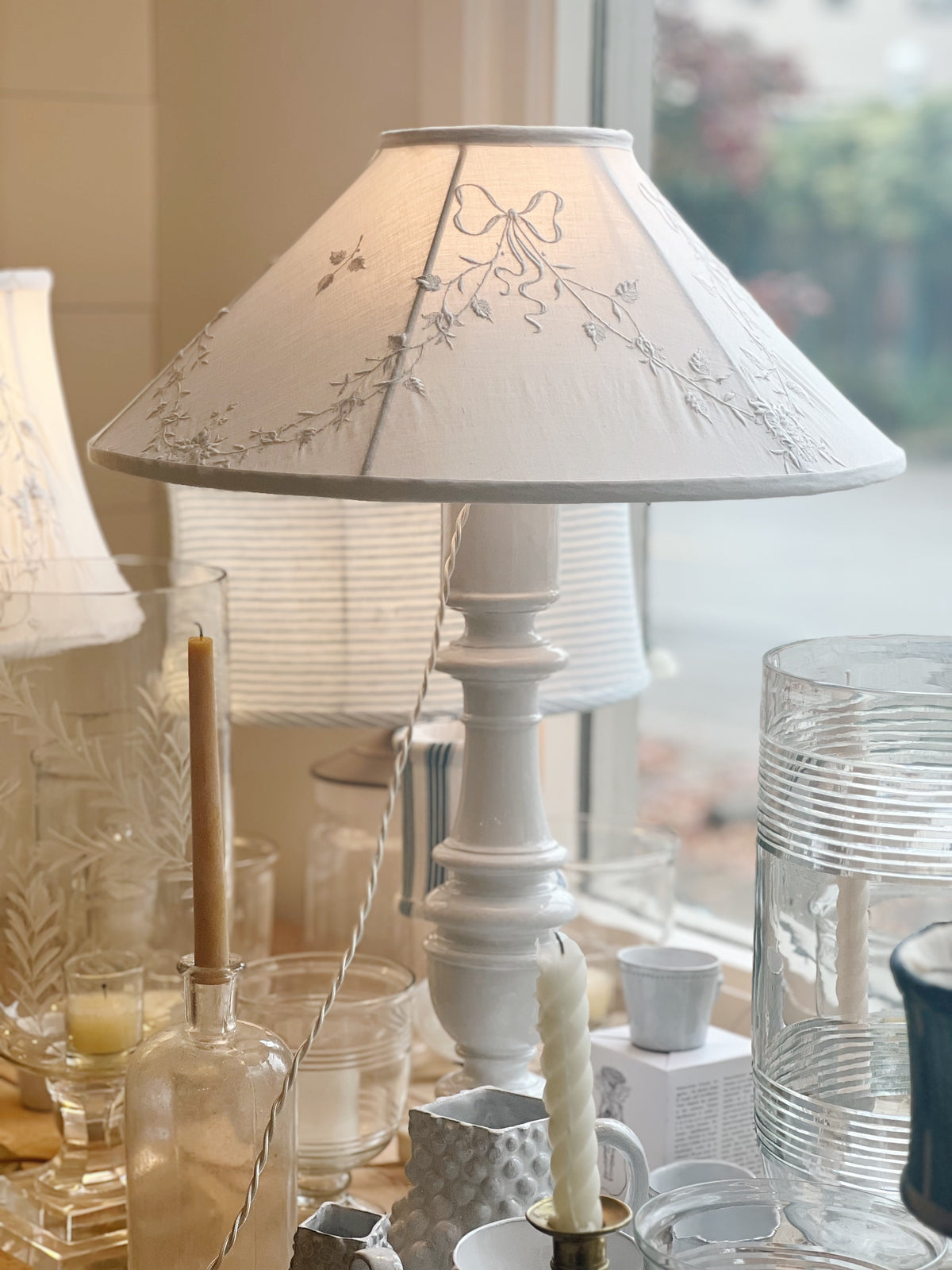 Pair of Astier de Villatte Custom Lamps with Embroidered Linen Shades
