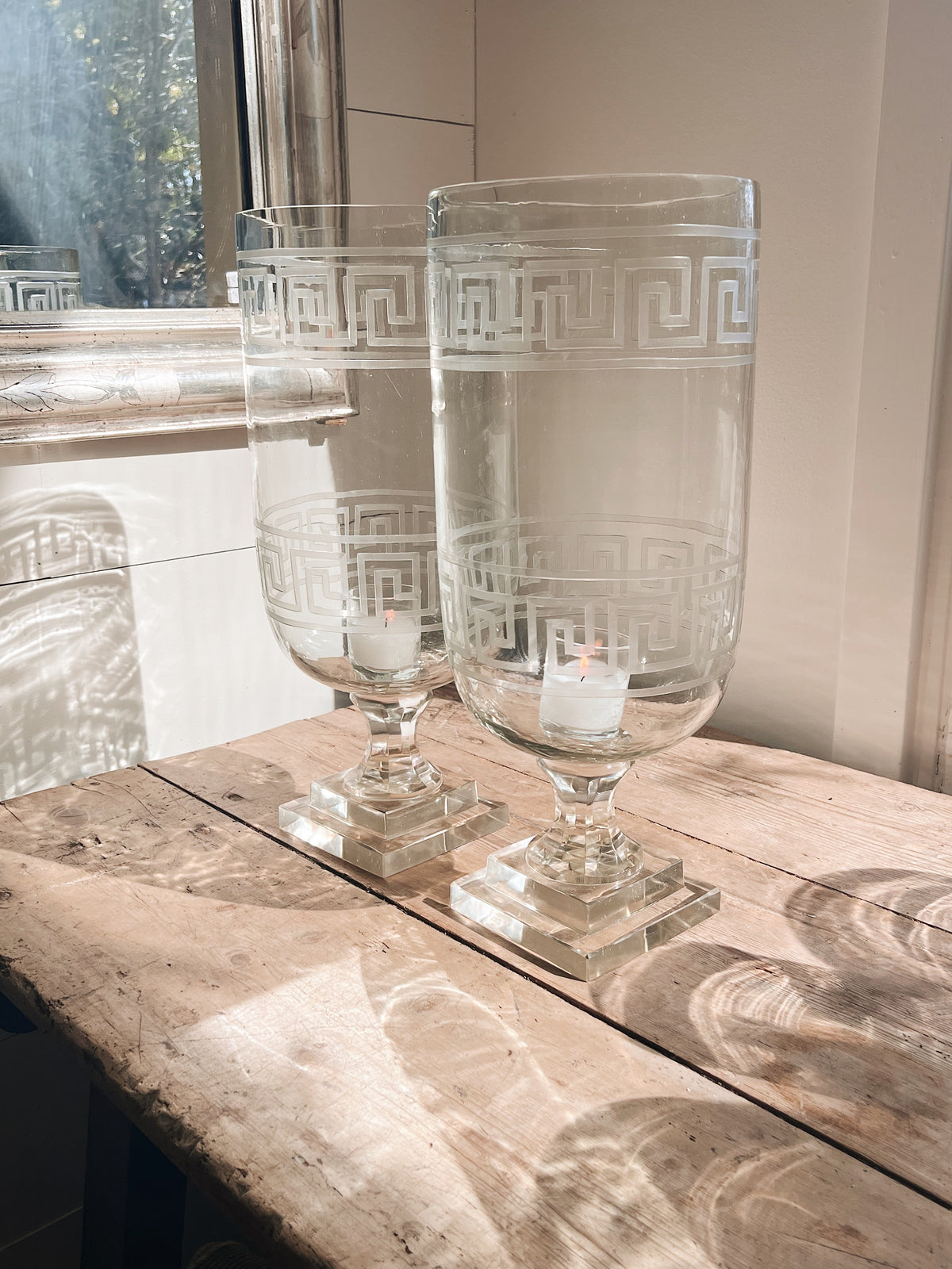 Oversized Hand-Blown Glass Pedistal Hurricane