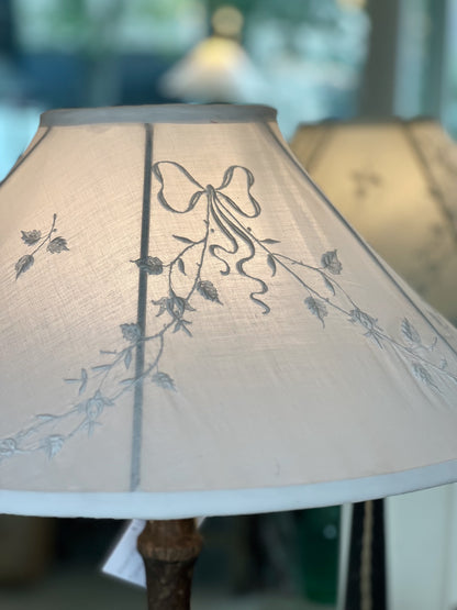 Tall Reclaimed Turned Wood Lamp with Hand Embroidered Linen Shade