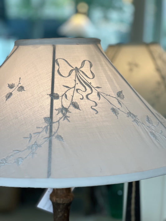 Tall Reclaimed Turned Wood Lamp with Hand Embroidered Linen Shade