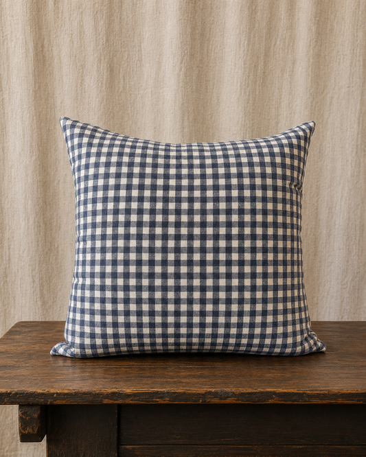 Vintage Blue & White Gingham Linen Pillow