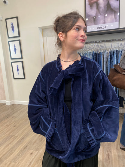 Reversible Smoking Jacket – Navy Velvet & Red Tartan
