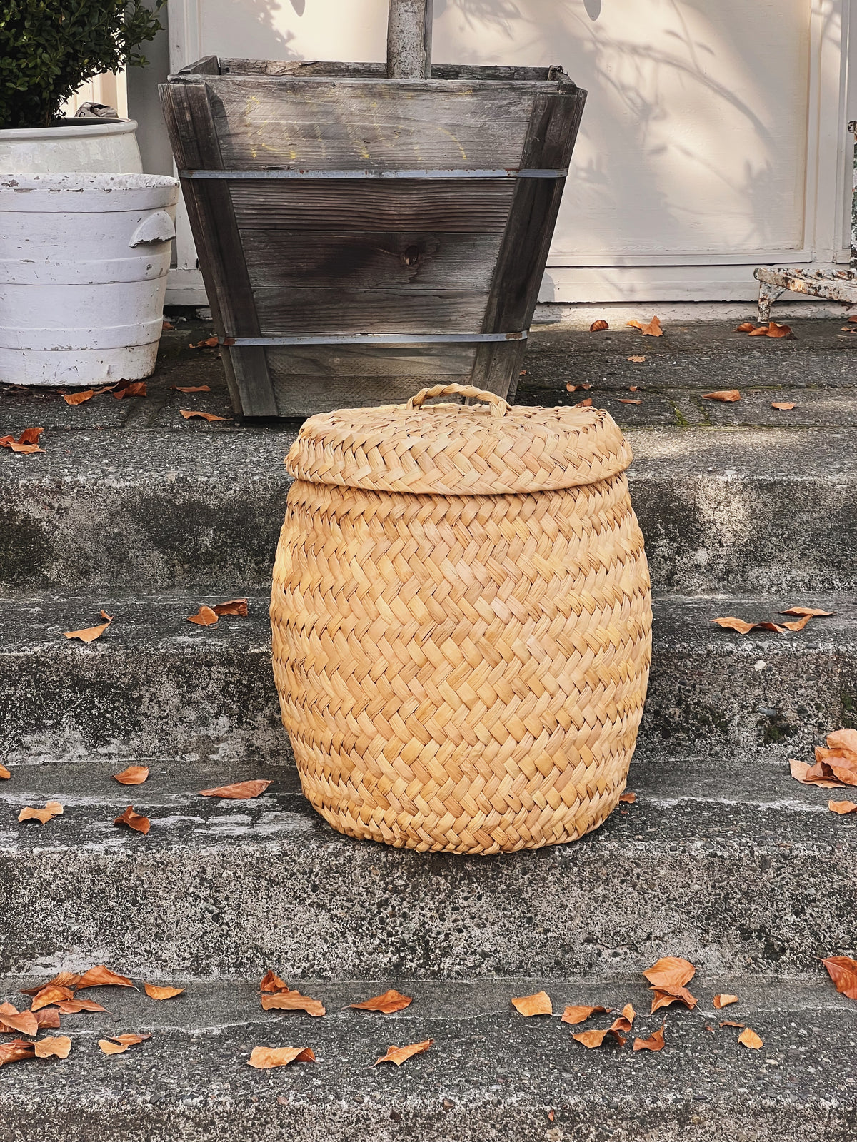 Peruvian Tall Handwoven Lidded Basket