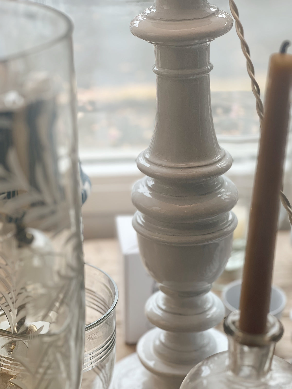 Pair of Astier de Villatte Custom Lamps with Embroidered Linen Shades
