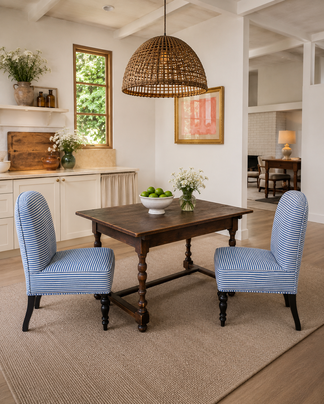 Dining room with wooden table and blue chairs, wicker pendant light, and decorative elements.