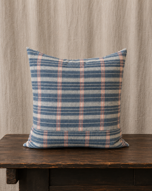 Vintage Blue & Blush Windowpane Linen Pillow