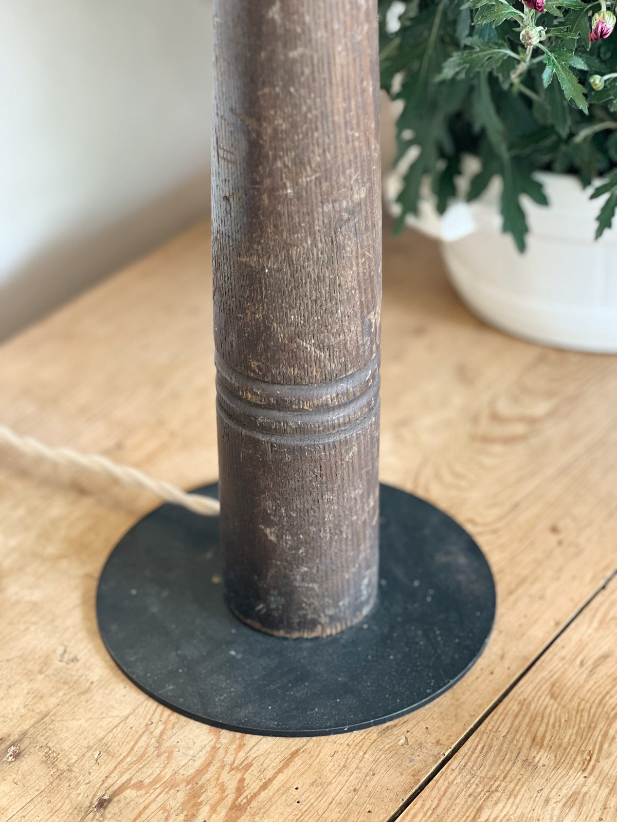 Tall Reclaimed Turned Wood Lamp with Hand Embroidered Linen Shade