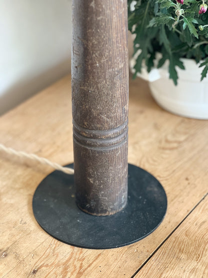 Tall Reclaimed Turned Wood Lamp with Hand Embroidered Linen Shade