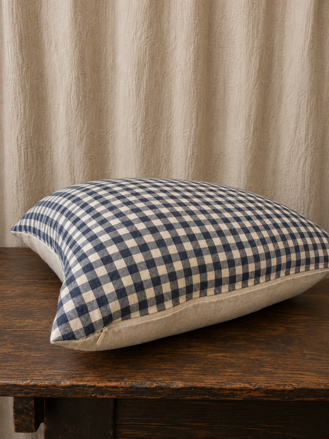 Vintage Blue & White Gingham Linen Pillow