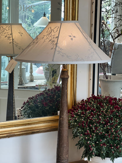 Tall Reclaimed Turned Wood Lamp with Hand Embroidered Linen Shade