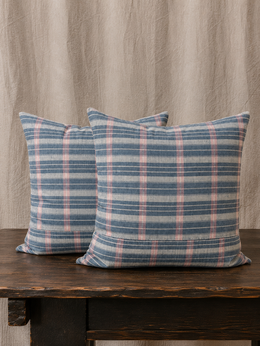 Vintage Blue & Blush Windowpane Linen Pillow
