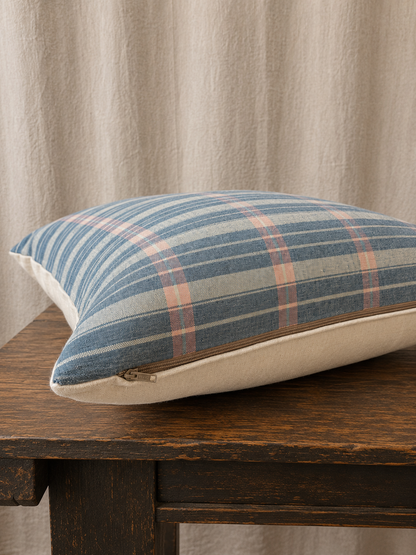 Vintage Blue & Blush Windowpane Linen Pillow