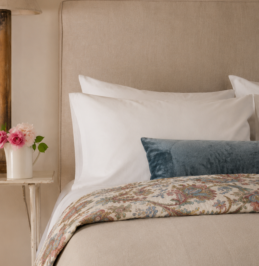 Neatly made bed with decorative pillows and a floral blanket, next to a nightstand with a lamp and flowers.