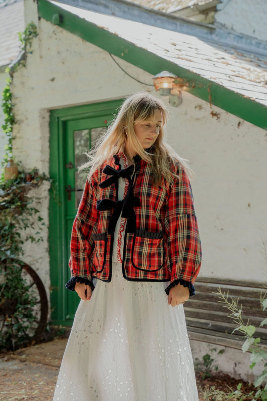 Reversible Smoking Jacket – Navy Velvet & Red Tartan