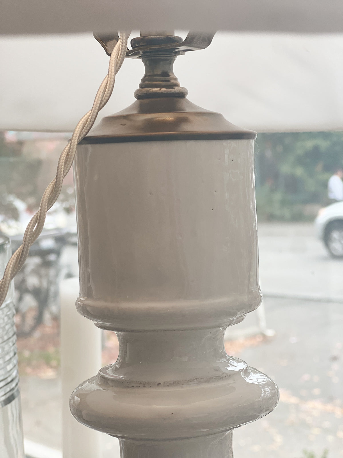 Pair of Astier de Villatte Custom Lamps with Embroidered Linen Shades
