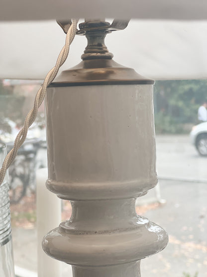 Pair of Astier de Villatte Custom Lamps with Embroidered Linen Shades