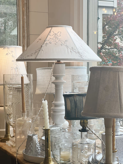 Pair of Astier de Villatte Custom Lamps with Embroidered Linen Shades