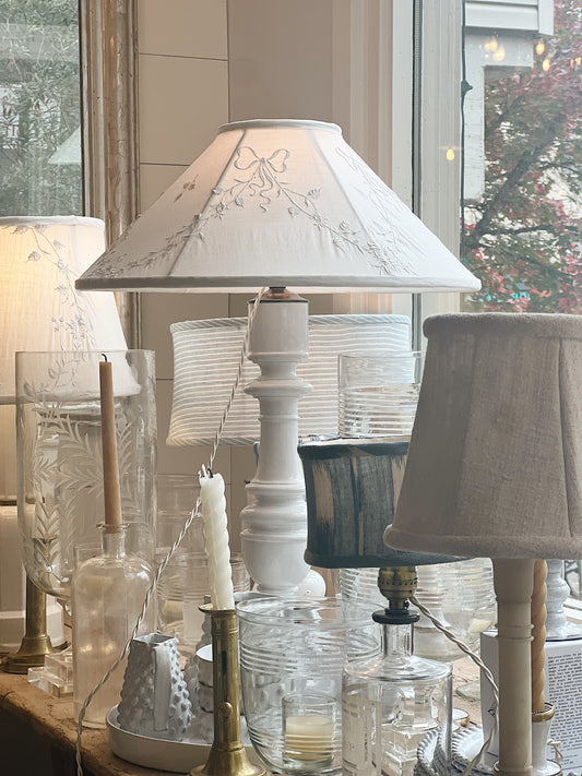 Pair of Astier de Villatte Custom Lamps with Embroidered Linen Shades