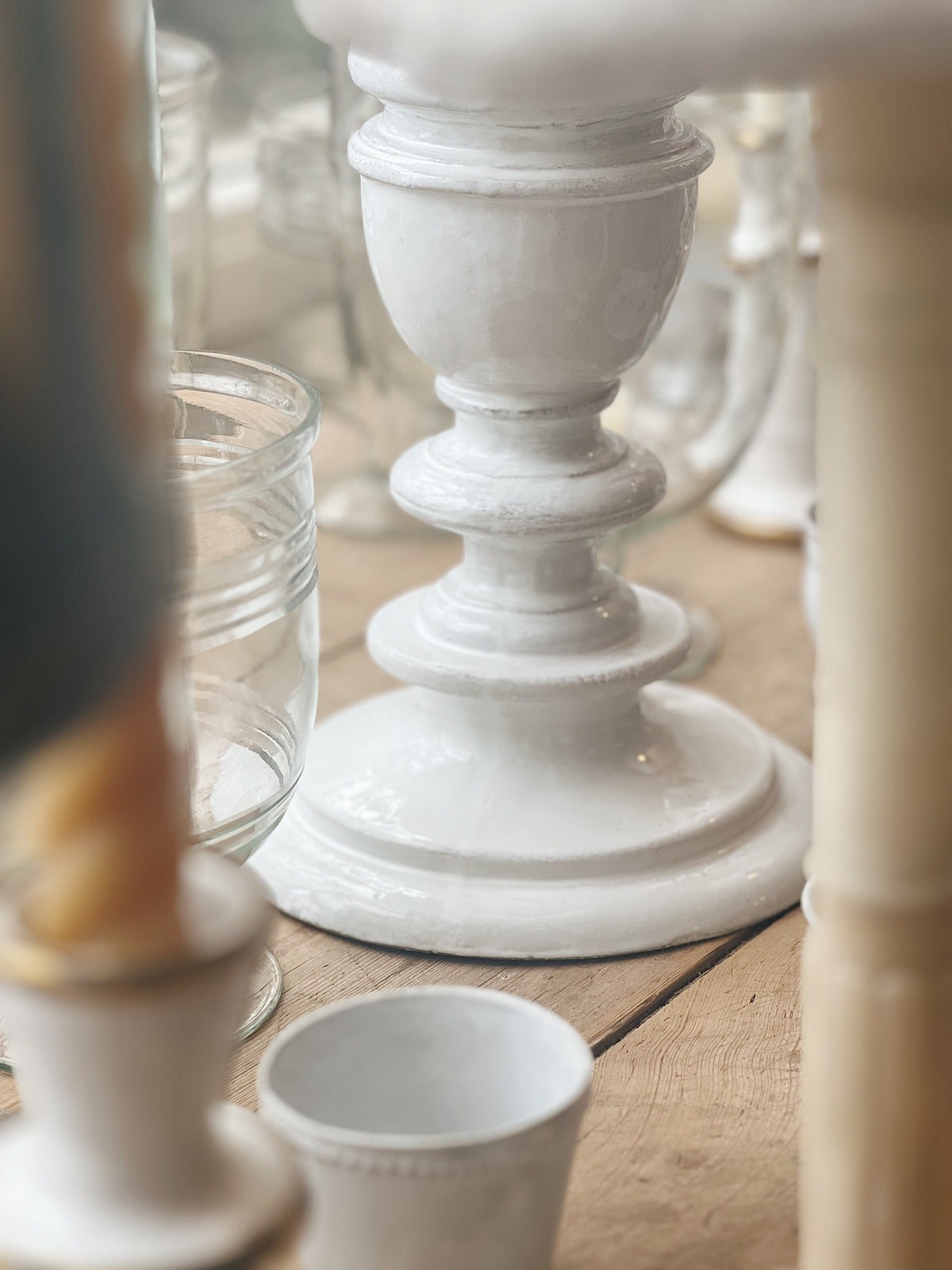 Pair of Astier de Villatte Custom Lamps with Embroidered Linen Shades
