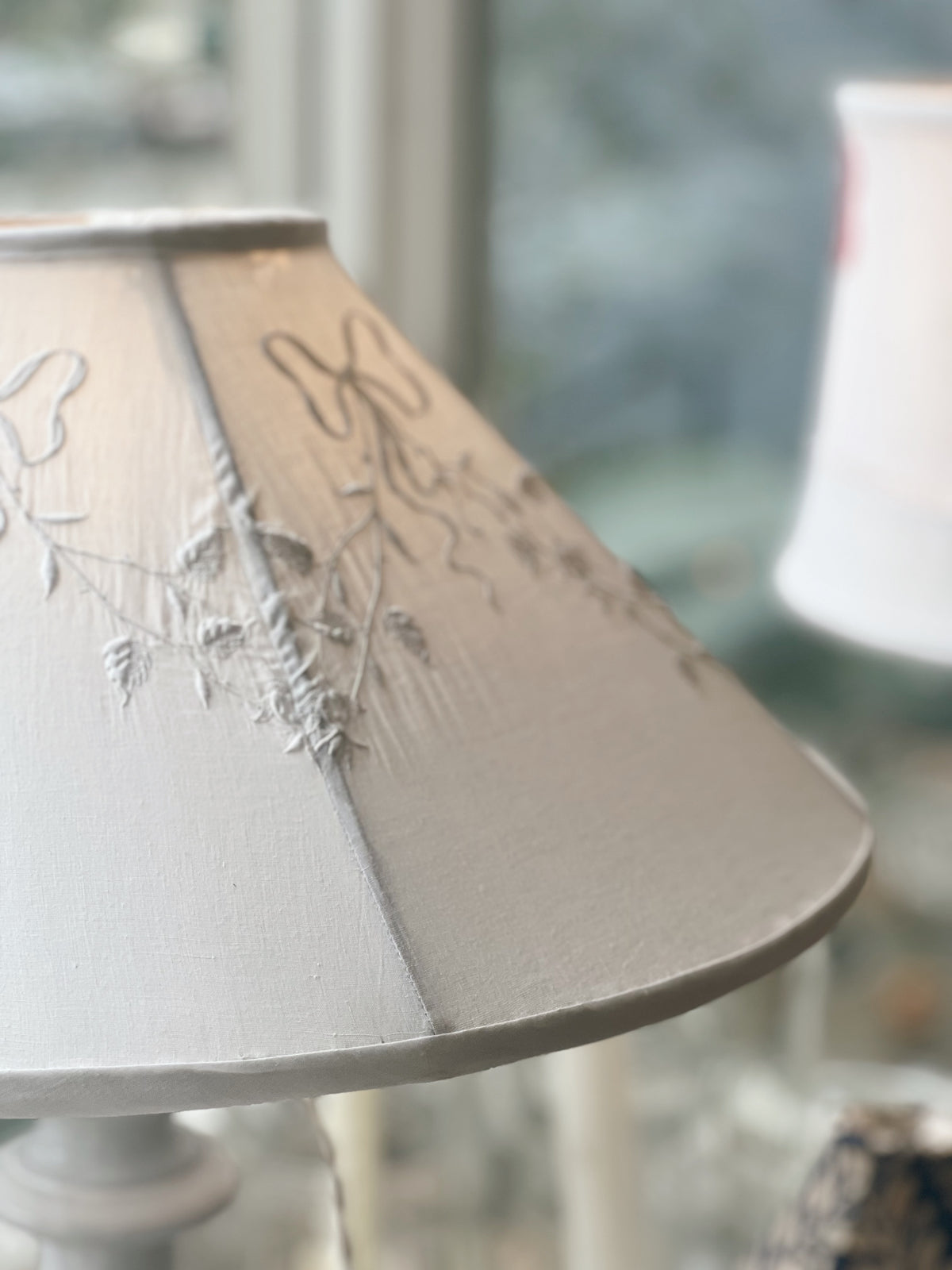 Pair of Astier de Villatte Custom Lamps with Embroidered Linen Shades