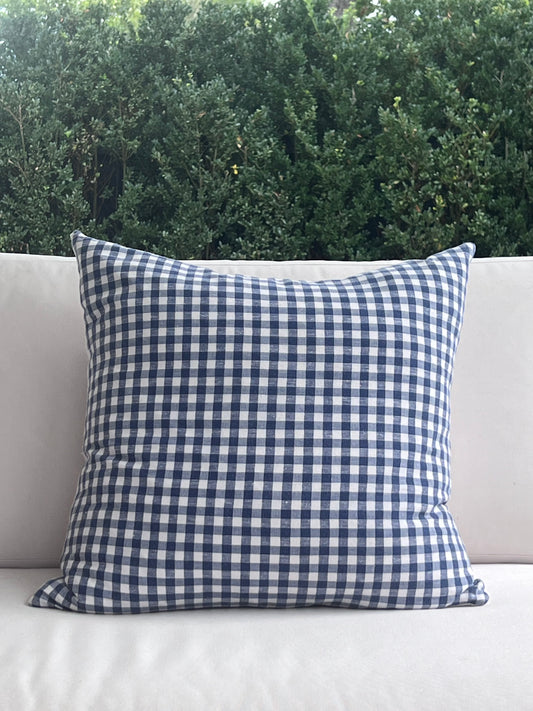 Vintage Blue & White Gingham Linen Pillow