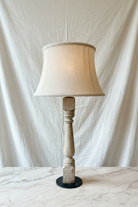 Tall Reclaimed Whitewashed Turned Wood Lamp with Linen Bell Shade