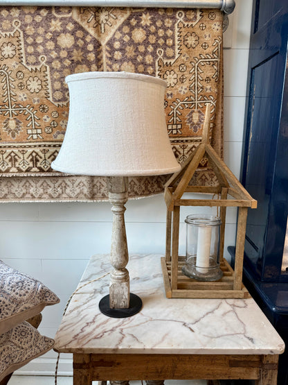 Tall Reclaimed Whitewashed Turned Wood Lamp with Linen Bell Shade