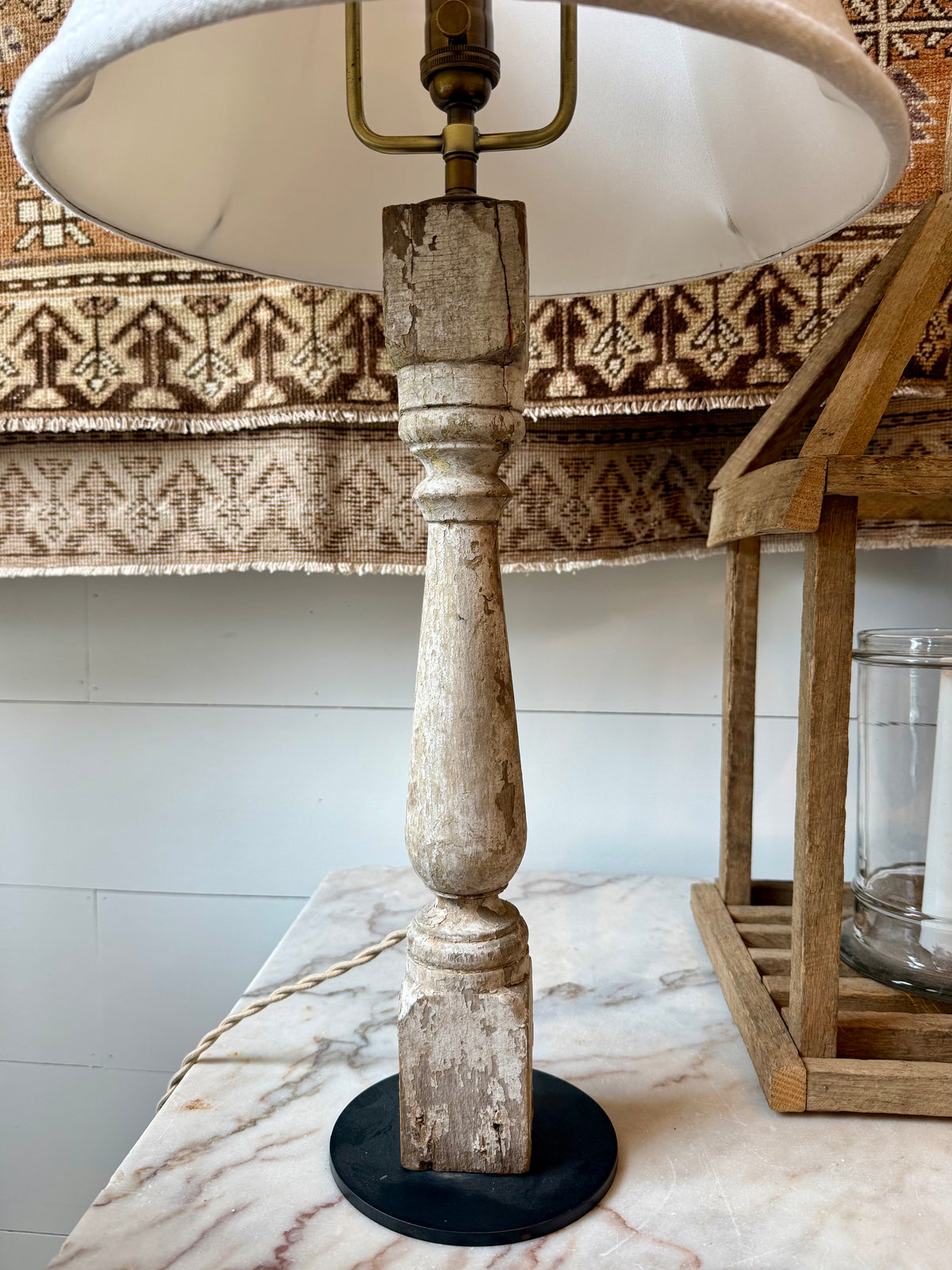 Tall Reclaimed Whitewashed Turned Wood Lamp with Linen Bell Shade