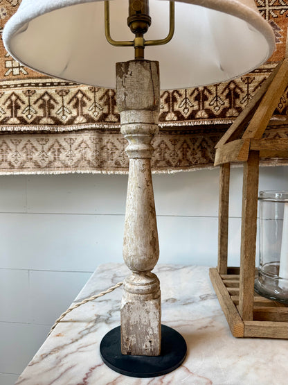 Tall Reclaimed Whitewashed Turned Wood Lamp with Linen Bell Shade