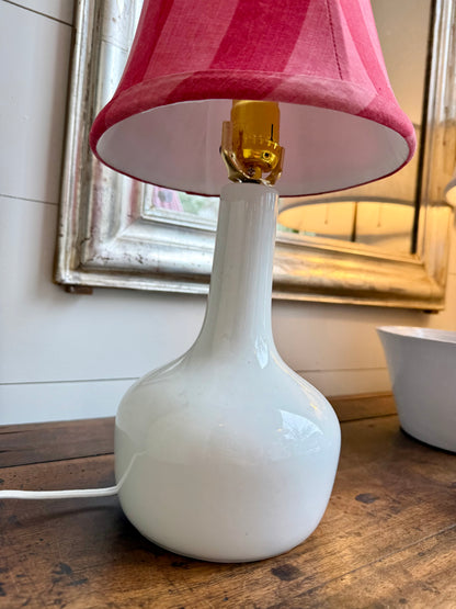 Vintage Small Opaline Glass Lamp with Linen Shade