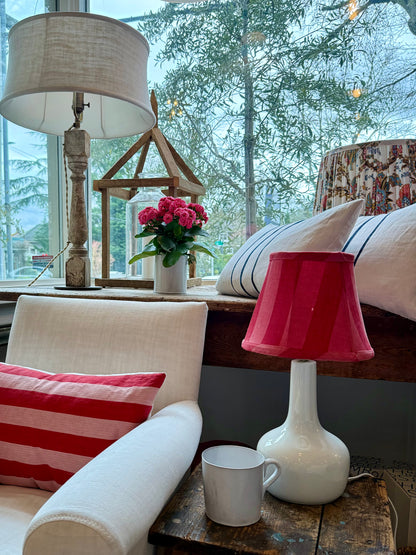 Vintage Small Opaline Glass Lamp with Linen Shade