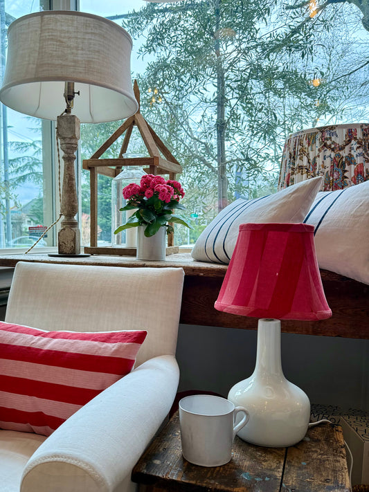Vintage Small Opaline Glass Lamp with Linen Shade