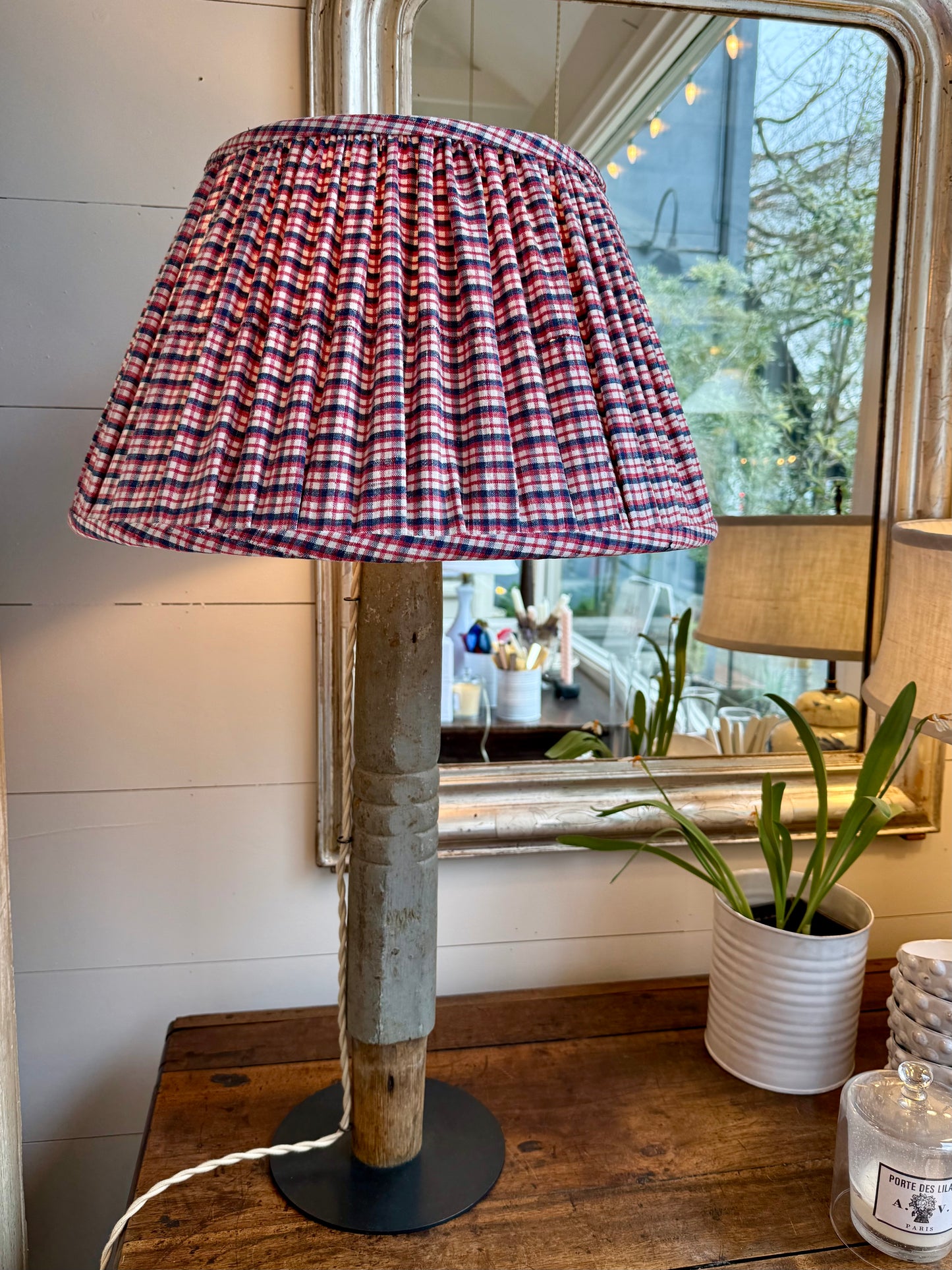 Tall Reclaimed Wood Column Lamp with Pleated Check Shade