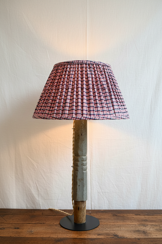 Tall Reclaimed Wood Column Lamp with Pleated Check Shade