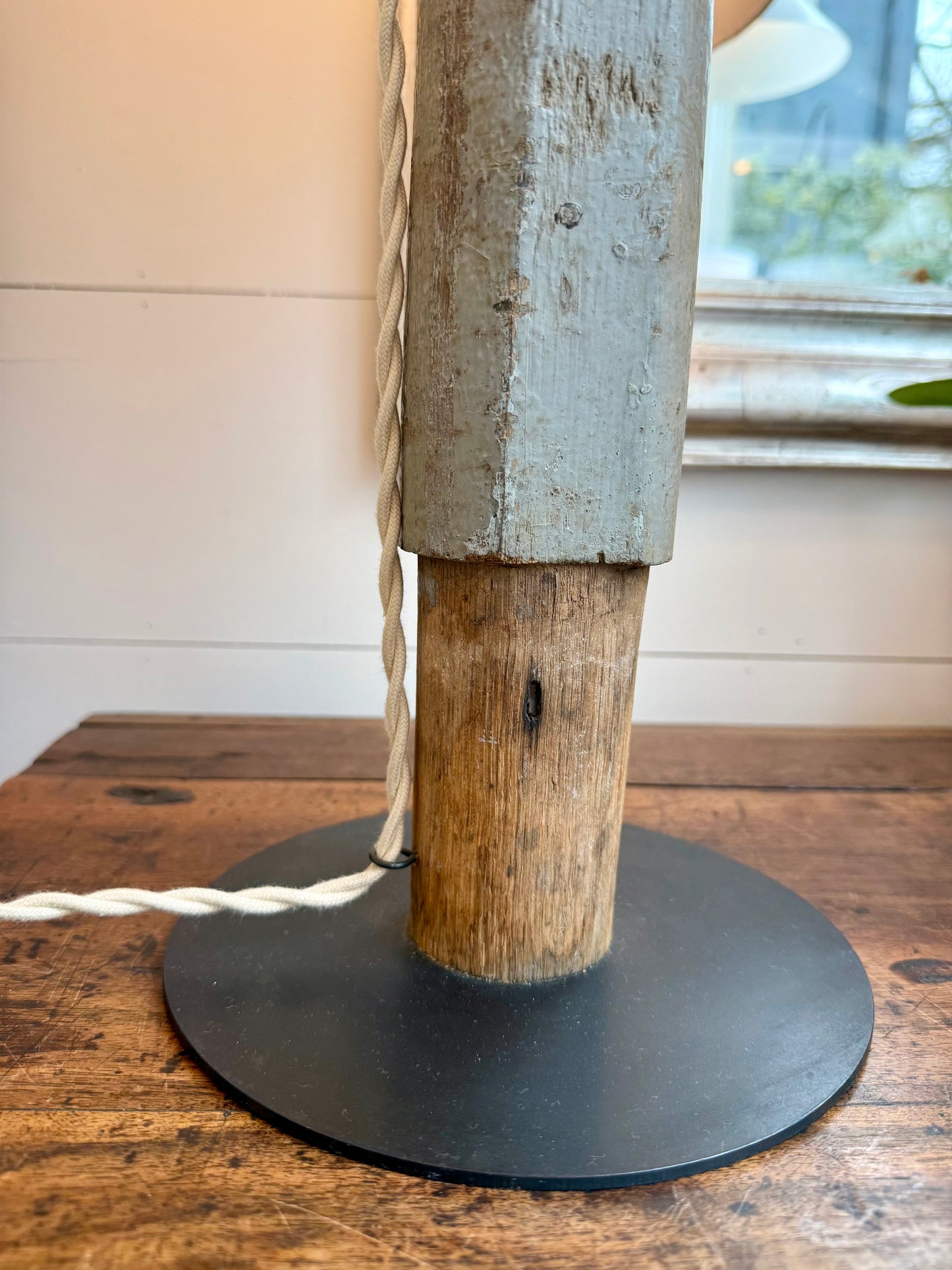 Tall Reclaimed Wood Column Lamp with Pleated Check Shade