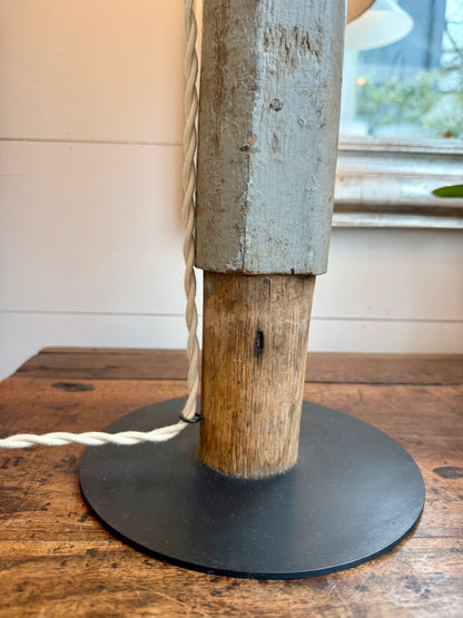 Tall Reclaimed Wood Column Lamp with Pleated Check Shade