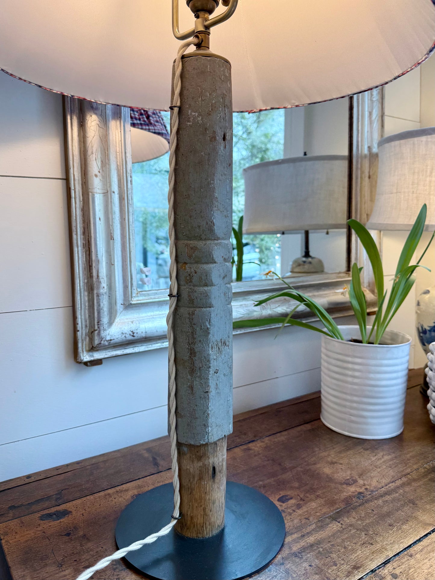 Tall Reclaimed Wood Column Lamp with Pleated Check Shade