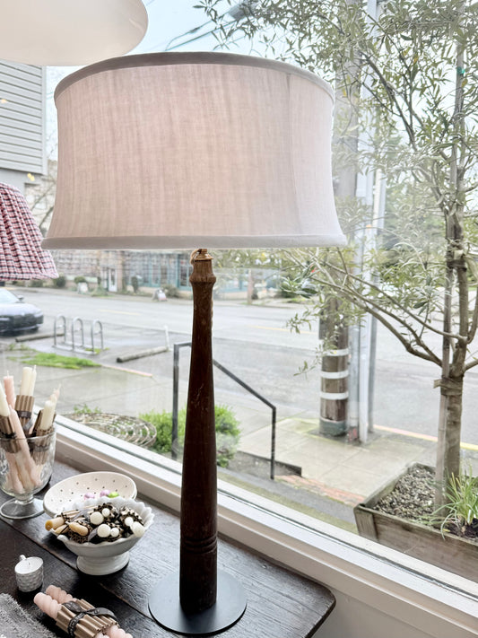 Tall Reclaimed Turned Wood Lamp with Linen Shade