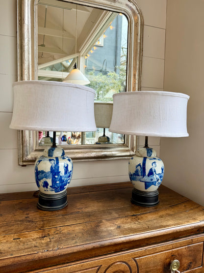 Vintage Blue & White Lamp with Linen Shade (Pair)