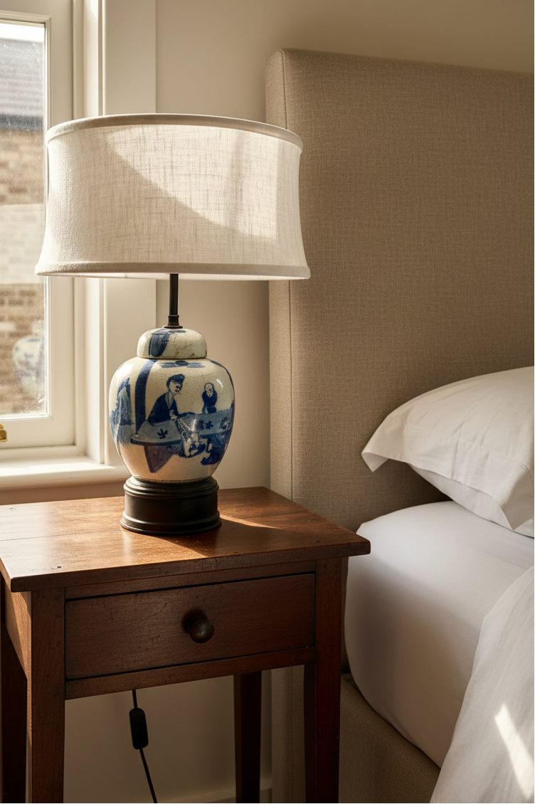 Vintage Blue & White Lamp with Linen Shade (Pair)