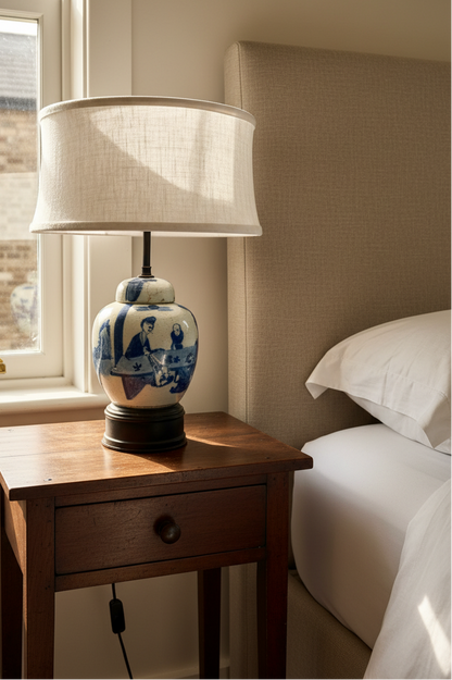 Vintage Blue & White Lamp with Linen Shade (Pair)